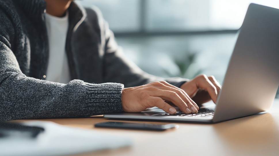 Osoba pracująca na laptopie w biurze, wpisująca dane na klawiaturze, symbolizująca działania online w celu promocji firmy w Google.